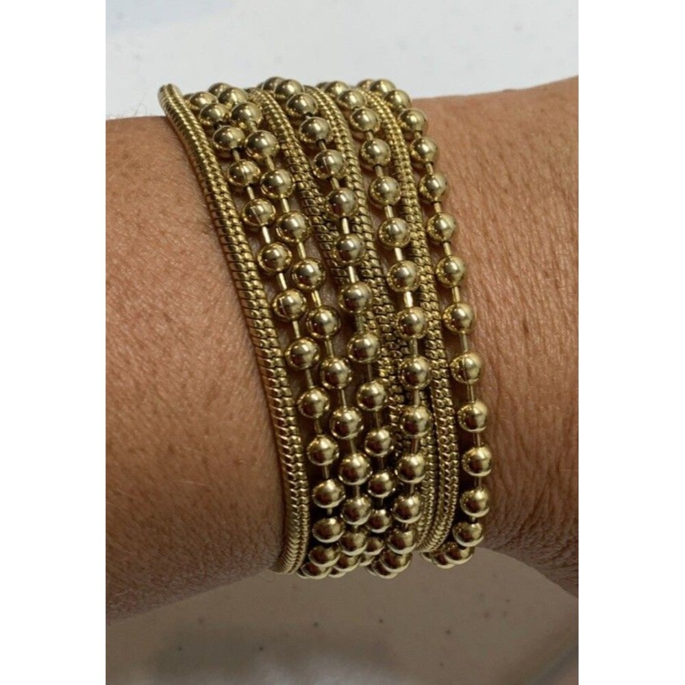 Vintage Gold Tone Multi Strand Ball Chain Bracelet 8” 1.5” Wide Safety Clasp